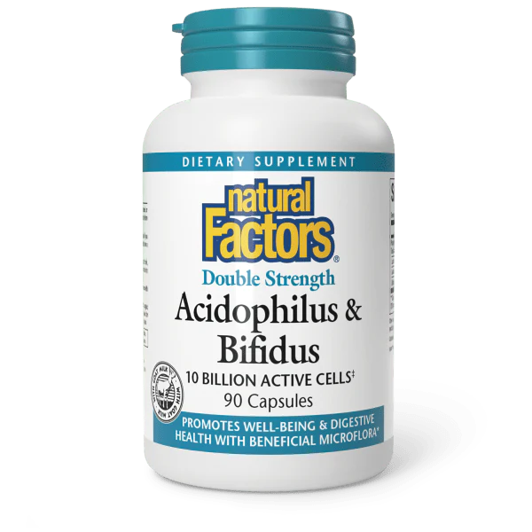 1805u__image-hi-res__acidophilus-and-bifidus-double-strength__2002065 ناتشورال فاكتورز – أسيدوفيلوس وبيفيدوس، تركيز مزدوج – 90 كبسولة - Natural Factors Acidophilus & Bifidus Double Strength – 10 Billion CFU – 90 Capsules - الصورة 1